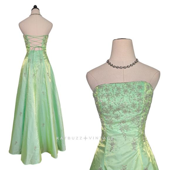 Vintage Cache Prom Dress Maxi Ball Gown Green Fairy Princess 90s Y2K Corset Bead - Picture 2 of 15